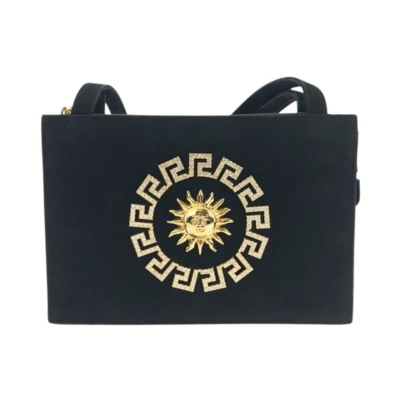 Pre-Owned Gianni Versace Vintage Sunburst Black Suede Shoulder Bag with Gold Hardware, Women's...