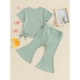 thumbnail image 5 of Musuos Toddler Girls Ribbed Summer Outfits, 9M 12M 18M 24M 3Y 4Y Short Sleeve Round Neck Side Drawstring Tops + Elastic Waist Flare Pants Set, 5 of 10