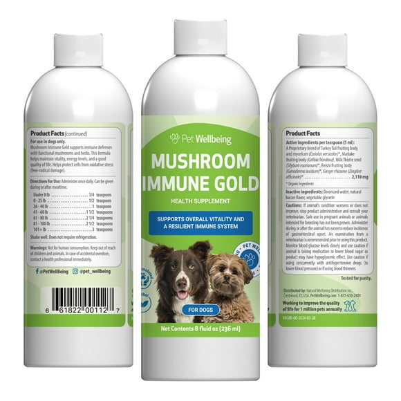 Pet Wellbeing Mushroom Immune Gold for Dogs - Holistic Immune Support with Reishi, Maitake, Turkey Tail, and Milk Thistle - Veterinarian-Formulated F