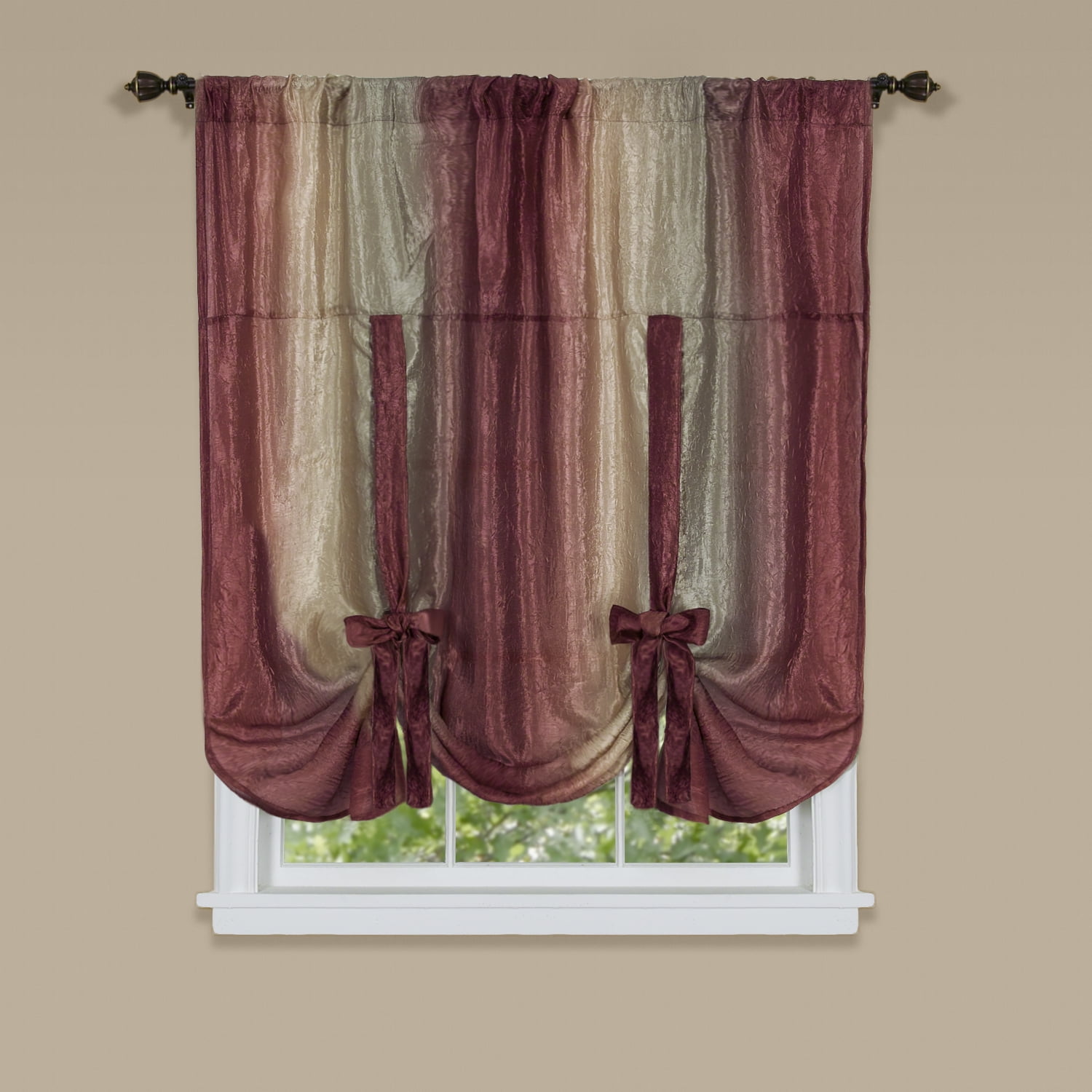 Royal Ombre Crushed Semi Sheer Tie Up Curtain Window Shade - Burgundy