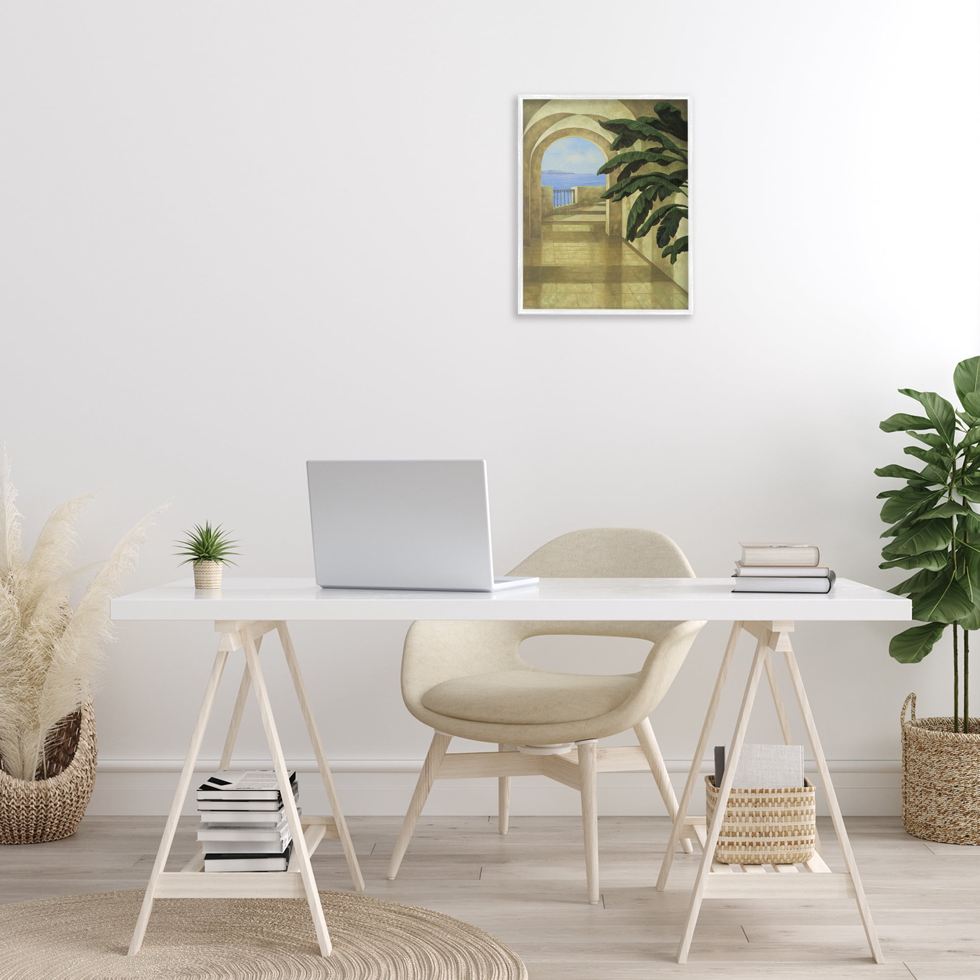 Stupell Industries Coastal Villa Palm Town & City Painting White Framed Art Print Wall Art, 16 x 20