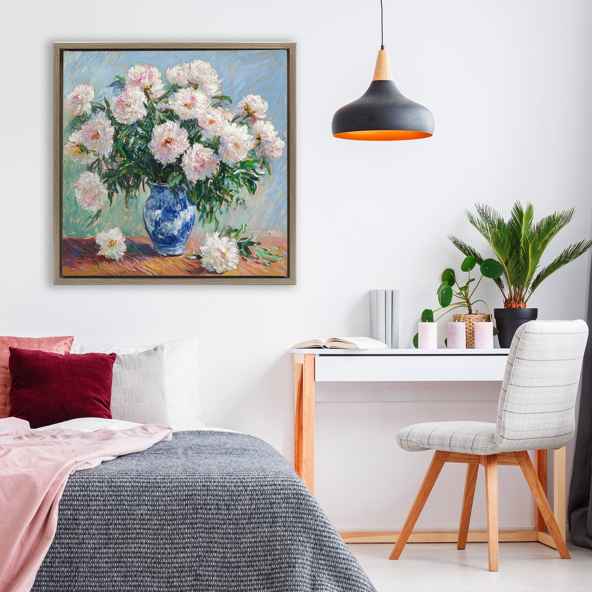 Stupell Industries Peonies in Blue Vase Brown Framed Floater Canvas Wall Art, design by Tina LeCour