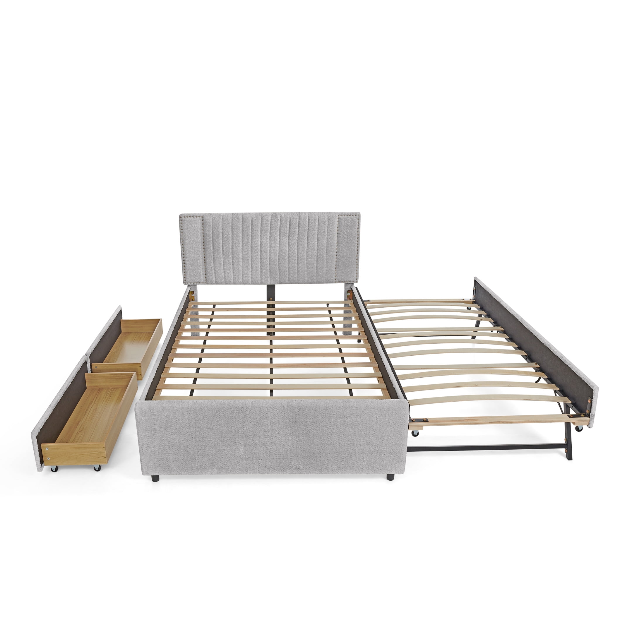 Noble House Luxen Full Chenille Upholstered Bed, Vertical Tufted Daybed with Pull-out Trundle and Storage Drawers, Gray