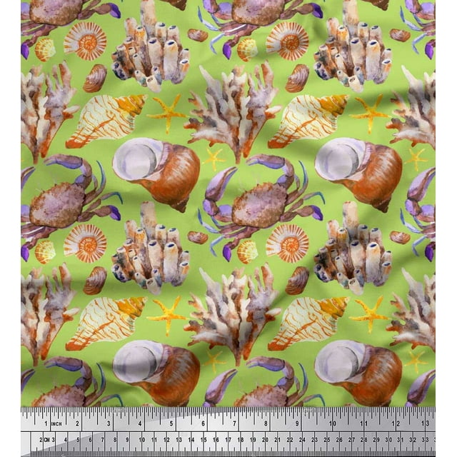 Soimoi Green Rayon Fabric Crab,Shell & Coral Ocean Print Sewing Fabric Yard 42 Inch Wide