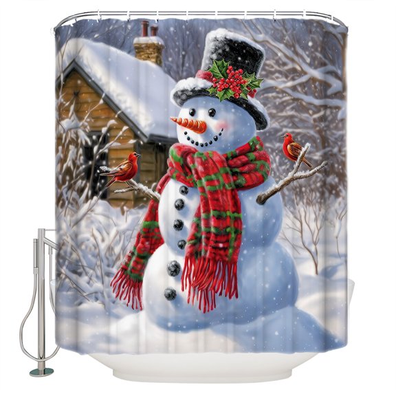 Christmas Wooden Shower Curtain, 36" x 72", House and Snowman with Red Scarf Waterproof Bathroom Curtain Washable Shower Curtain Set with 12 Hooks