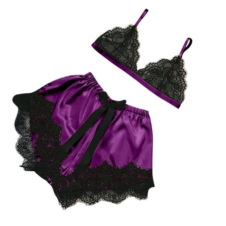 

Women V-Neck Eyelash Lace Sexy Stain Camisole Pajamas Bowknot Shorts Set Purple XXL
