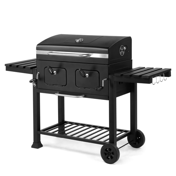 Alvantor Extra Large Charcoal Grill with Dual Adjustable Charcoal Trays Front Charcoal Access Doors Foldable Side Tables Wheels Warming Rack Gray