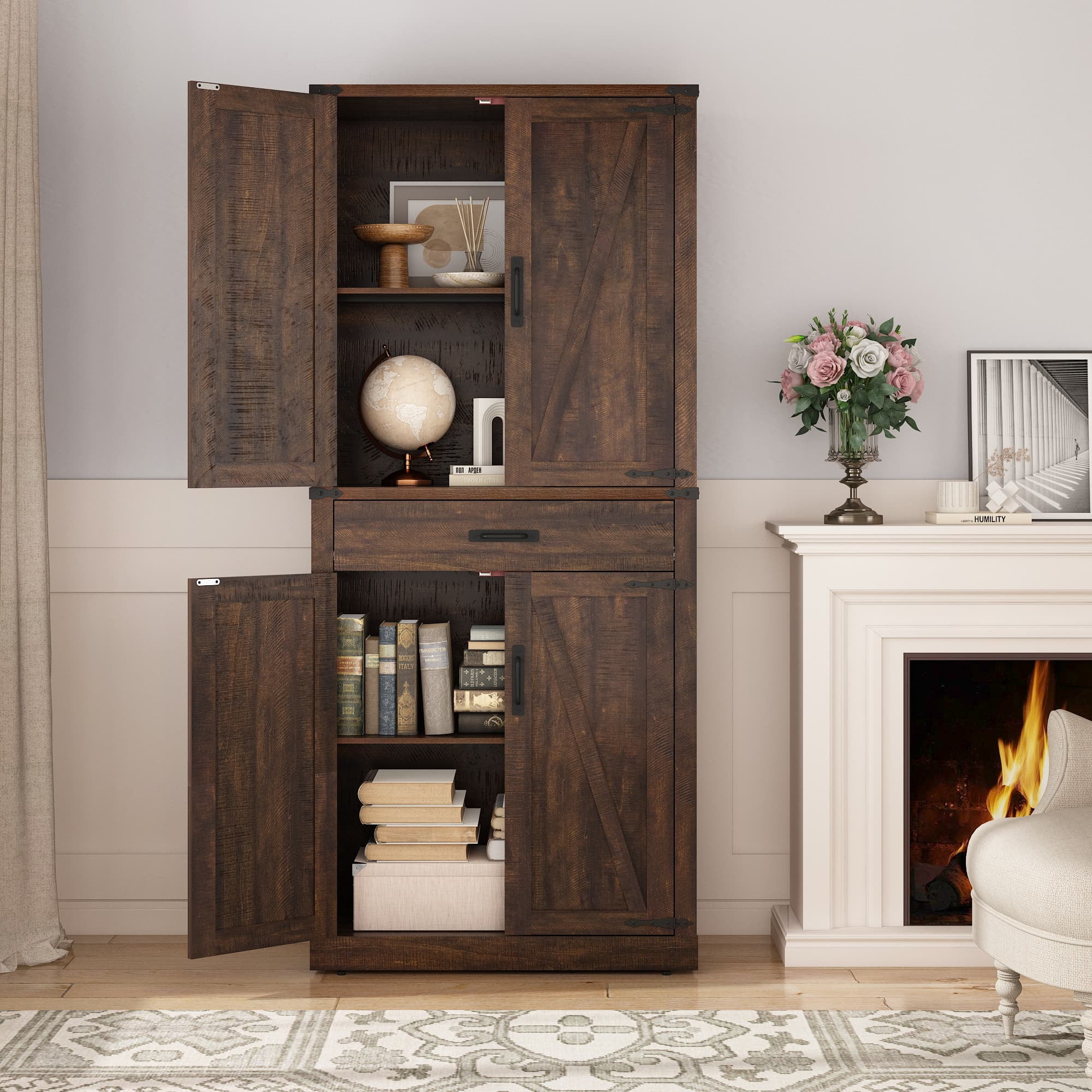 72" Tall Farmhouse Kitchen Pantry Cabinet w/1 Drawer & 4 Roomy Storage Shelves, Versatile Wood Storage Cabinet with 4 Barn Door & Adjustable Shelves & for Dining Room Bathroom Utility Room