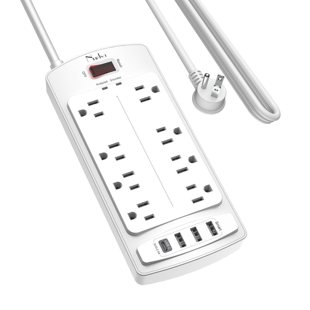 Protector contra sobretensiones Nuetsa, 8 salidas y 4 puertos USB, color blanco