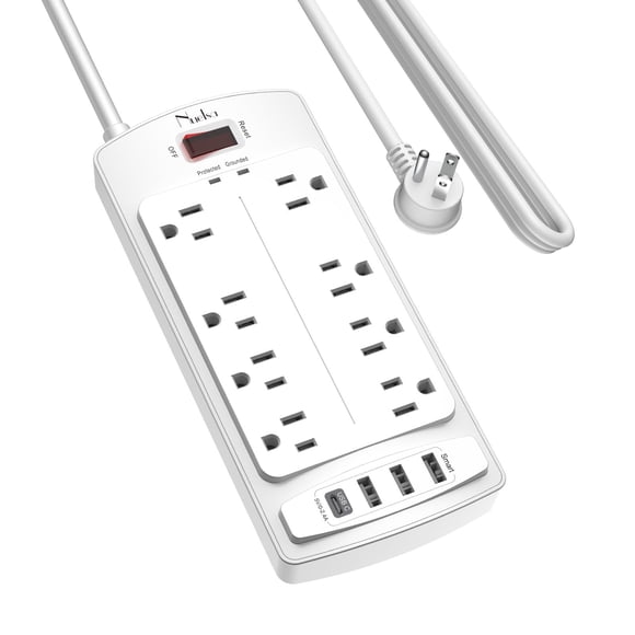 Protector contra sobretensiones Nuetsa, 8 salidas y 4 puertos USB, color blanco