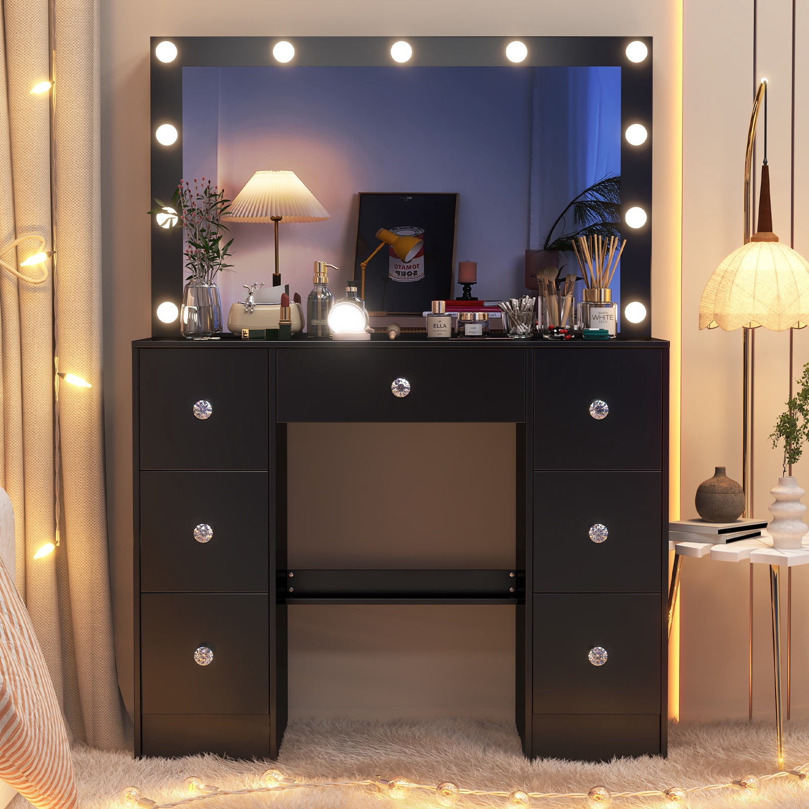Yamissi Vanity with Mirror and Lights Makeup Vanity Desk with 7 Drawers & 11 LED Bulbs Dressing Table for Bedroom, Black