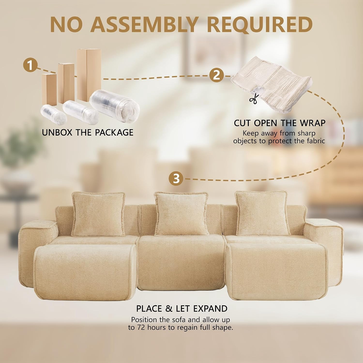109" 3-Seat Modular U-Shaped Sectional Sofa, Light Camel Velvet with 2 Movable Ottomans & Throw Pillows, No Assembly Required