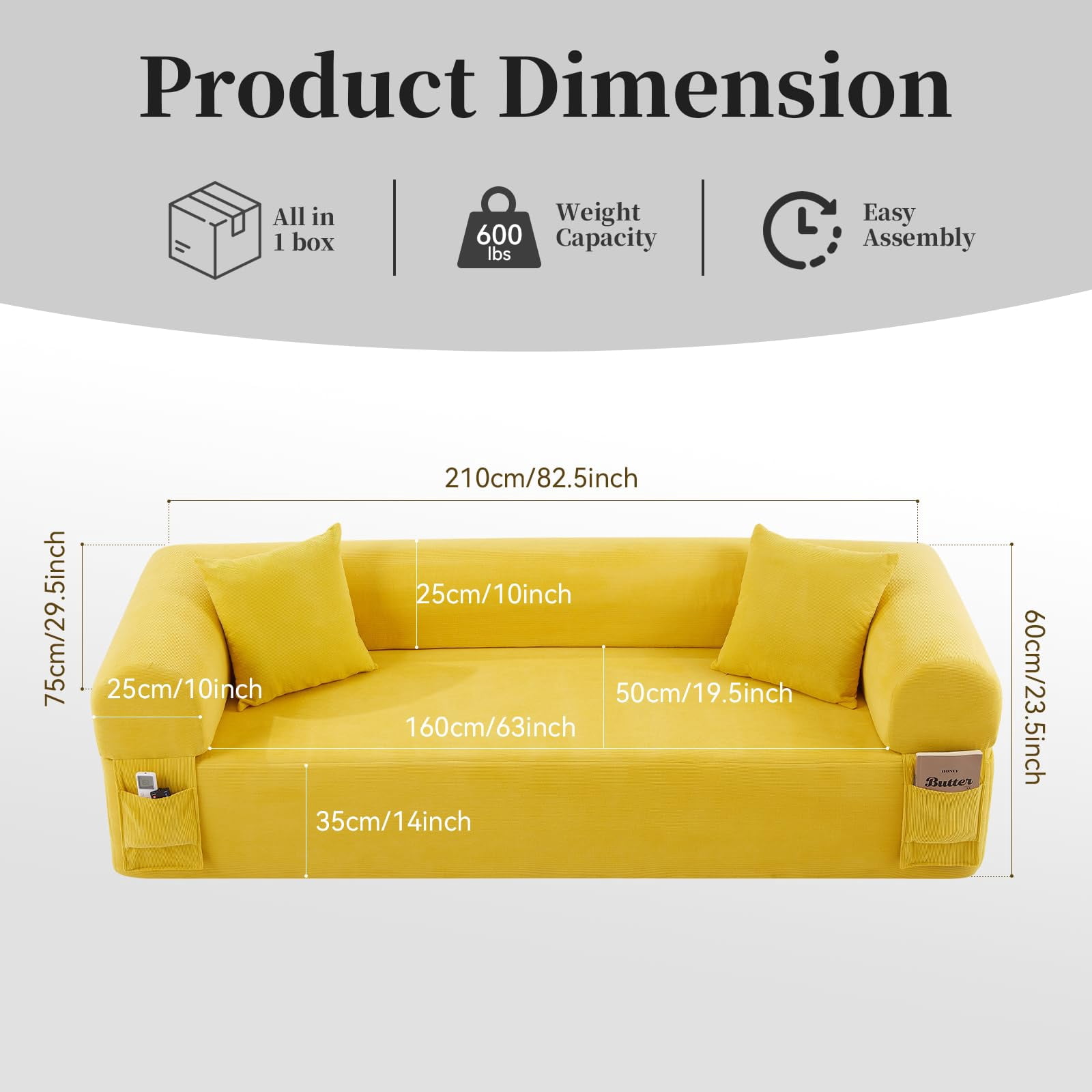 3-Seater Sofa, 83" No Assembly Deep Loveseat Couch in A Box, Spring & High-Elastic Sponge Filling Sofas with 2 Cushions & Side Storage Pockets for Living Room Apartment, Yellow