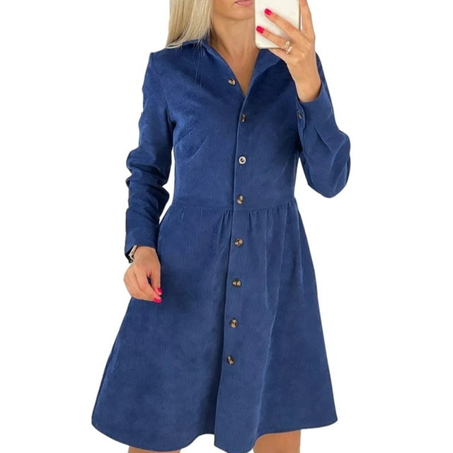 Sexy Dance Robe Mini pour Femmes Col en V Robes Courtes Manches Longues Décontractée Boutonnée Bleu Marine P
