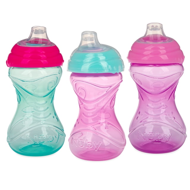 Nuby Clik-It Vaso para sorber con boquilla suave, sin derrames y fácil agarre para niñas - (paquete de 3) 10 oz - 6+ meses