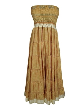 Mogul Women Maxi Skirt Strapless Dresses Orange Floral Print Dress Summer Beach skirt Recycled Sari Dresses S/M