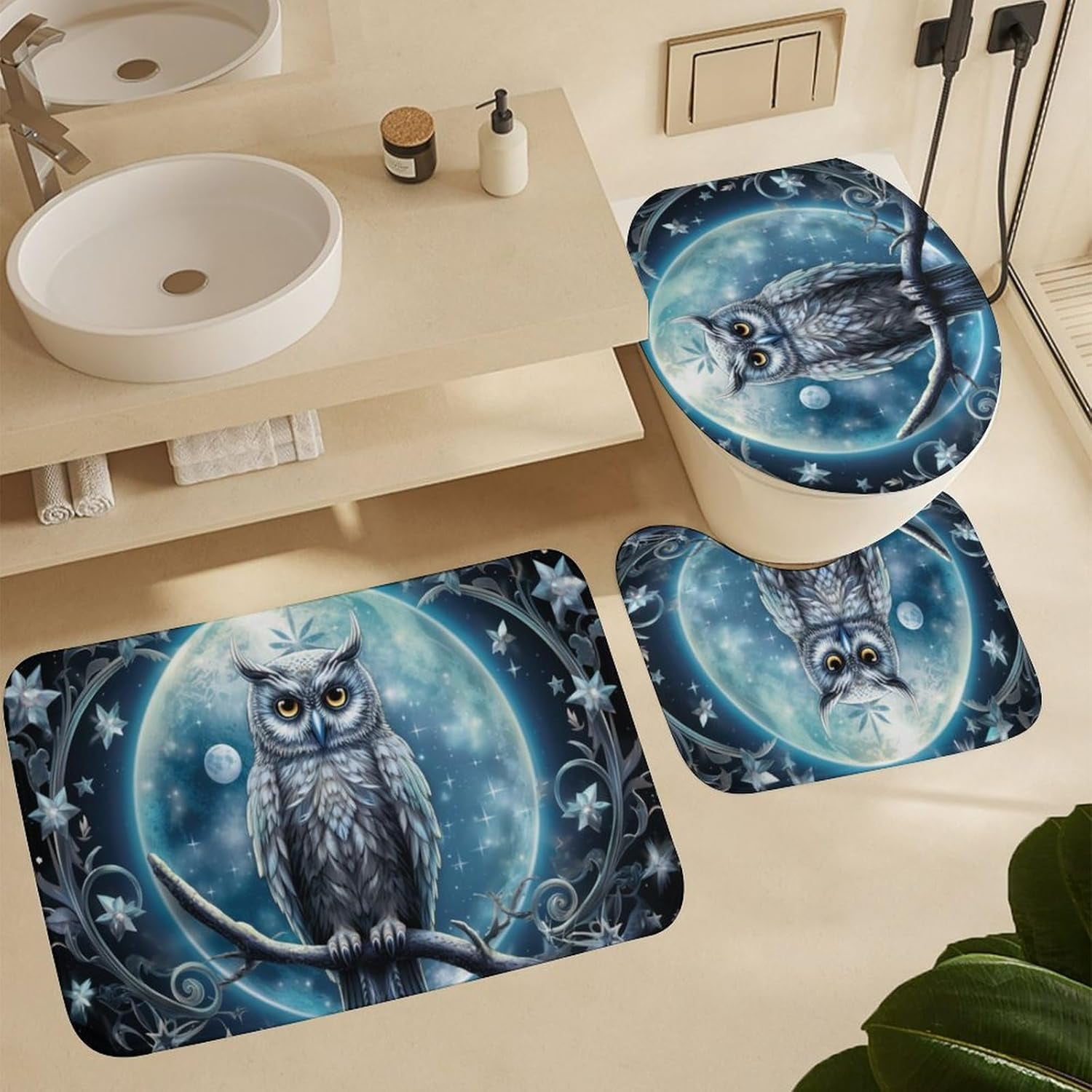 Fantasy Owl Shower Curtain Set for Bathroom 4Pcs Mystery Cool Animal Bird Retro Bathroom Sets with Rugs Toilet Lid Cover Bath Mat Shower Curtain Set with Hooks, Bathroom Decor