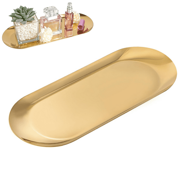 Gold Decorative Tray, Bathroom Vanity Tray for Dresser Counter, Tea/ Fruit Storage Trays Cosmetics Jewelry Organizer, 7.09x3.4 inch, Oval