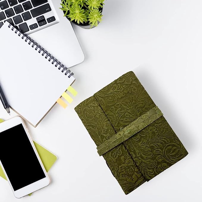 OVERDOSE GREEN FLOWER Leather Journal - With Antique Flowers Art Handmade Edge Paper Leather Bound Journal | Leather Sketchbook - Drawing Journal - (Journal Size - 5" x 7" Inches | 12.7 x 17.78 cm