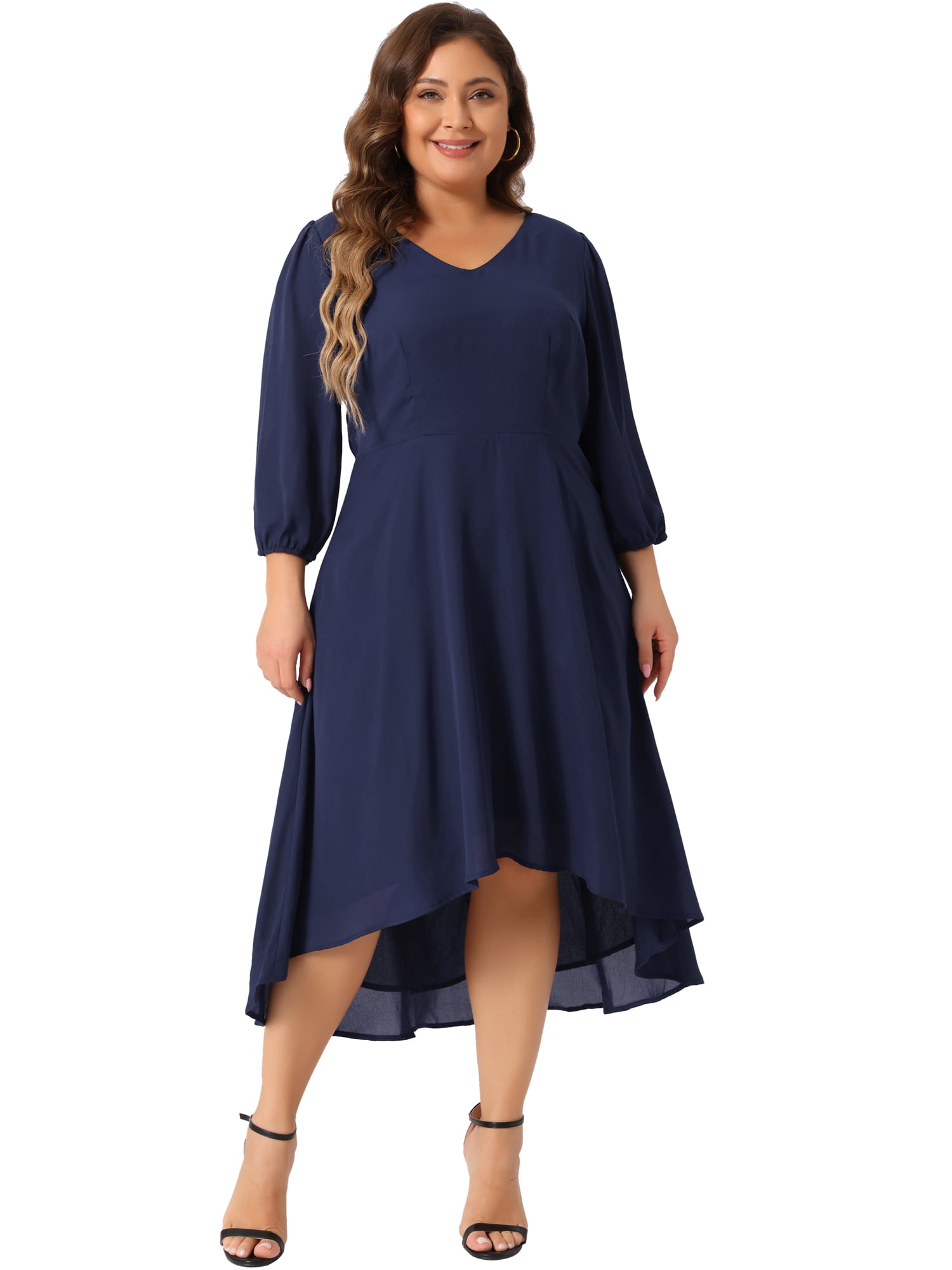 DARING DIVA Plus Size Chiffon V Neck 3/4 Sleeves A-Line Midi Dress 3X Dark Blue