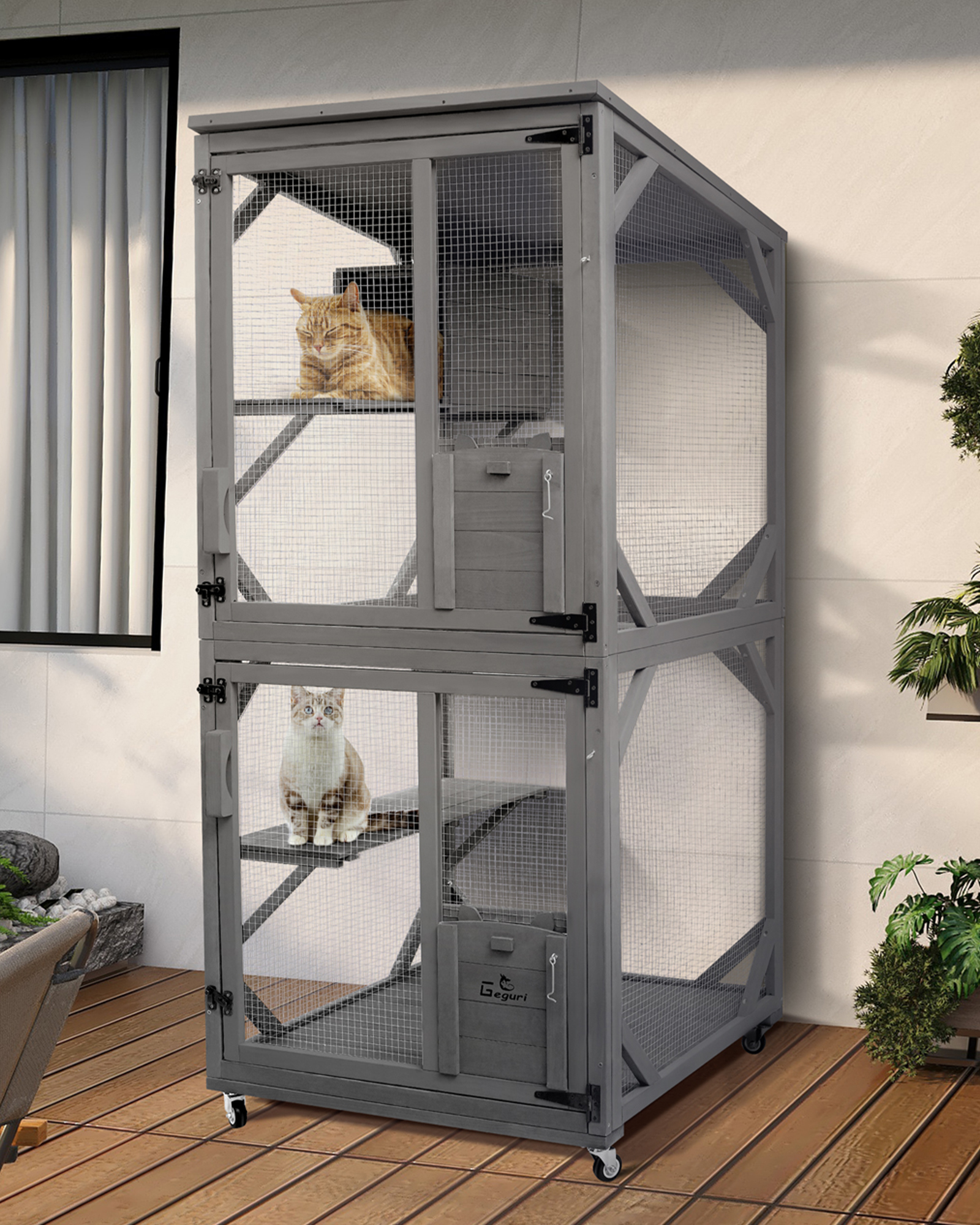 Cat Catio Outdoor Cat Enclosure, Large Wooden Kitten Patio Indoor with Upgraded Resting Box, Waterproof Roof
