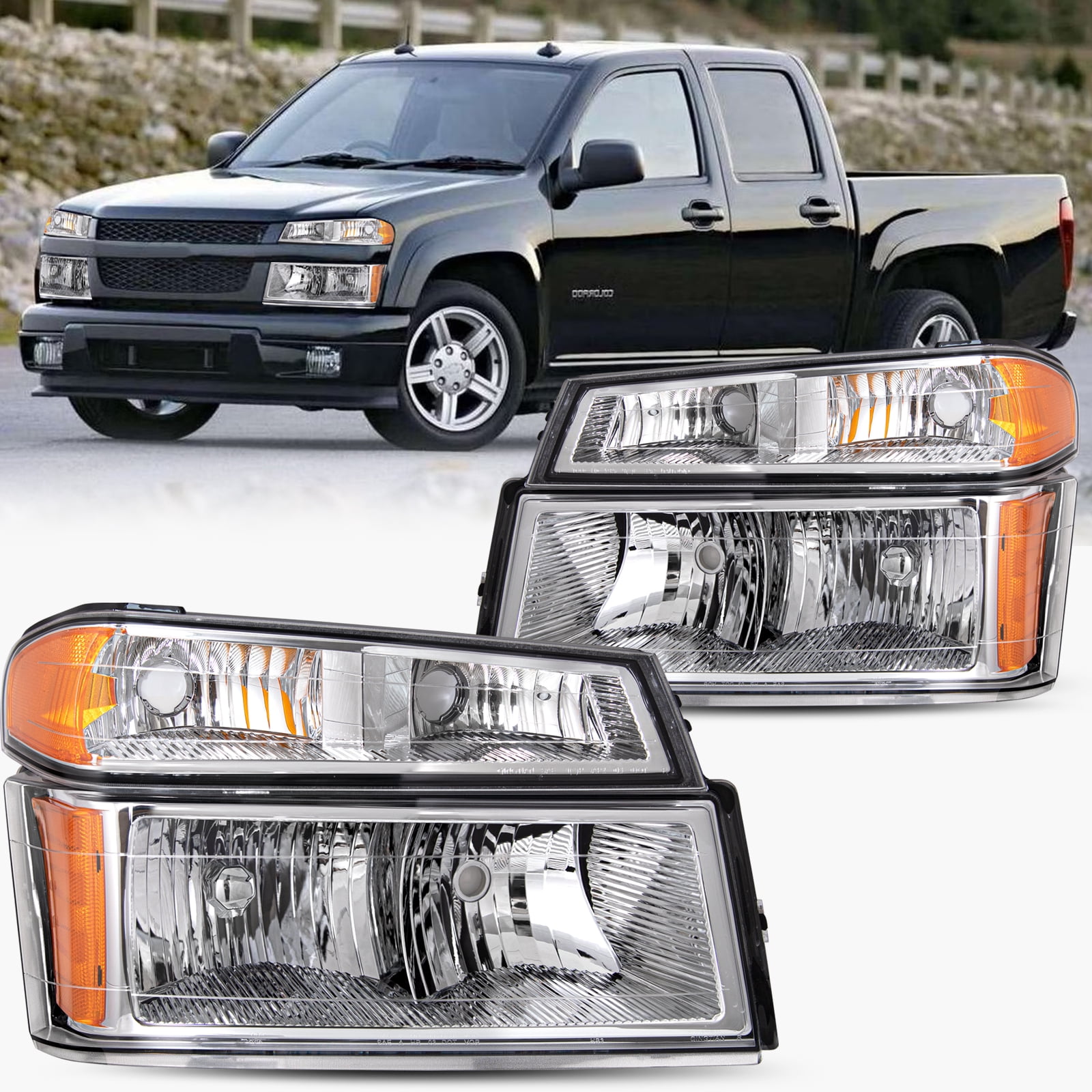 BRYGHT-For 2004-2012 Chevy Colorado GMC Canyon Chrome Headlights Amber Corner Bumper Lamps