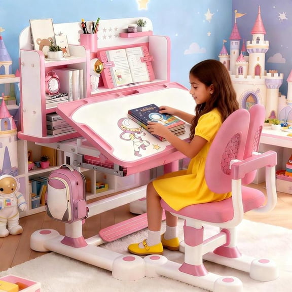 YNCE Kids Function Desk Chair Set,Height Adjustable Children School Table Chairs Set with Partition Design,Bookstand,Drawer,Ergonomic Desk Chair with Wide Writing Board,Sitting Corrector