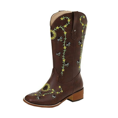 

jsaierl Large Size Women s Shoes Retro Embroidery Boots Embroidered Square Toe High Boots