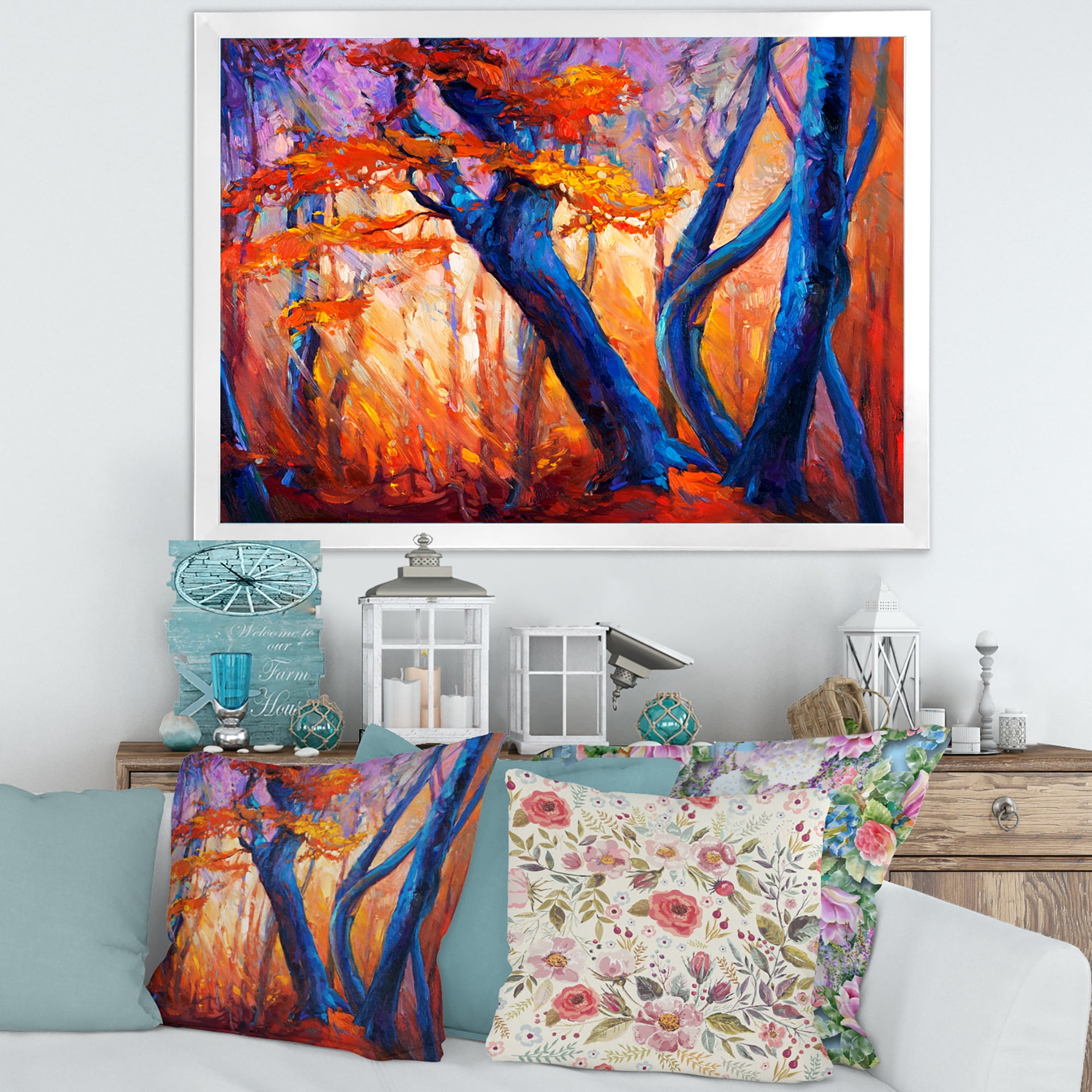 Designart 'Abstract Blue Silhouettes Of Trees In Orange Autumn Forest' Farmhouse Framed Art Print
