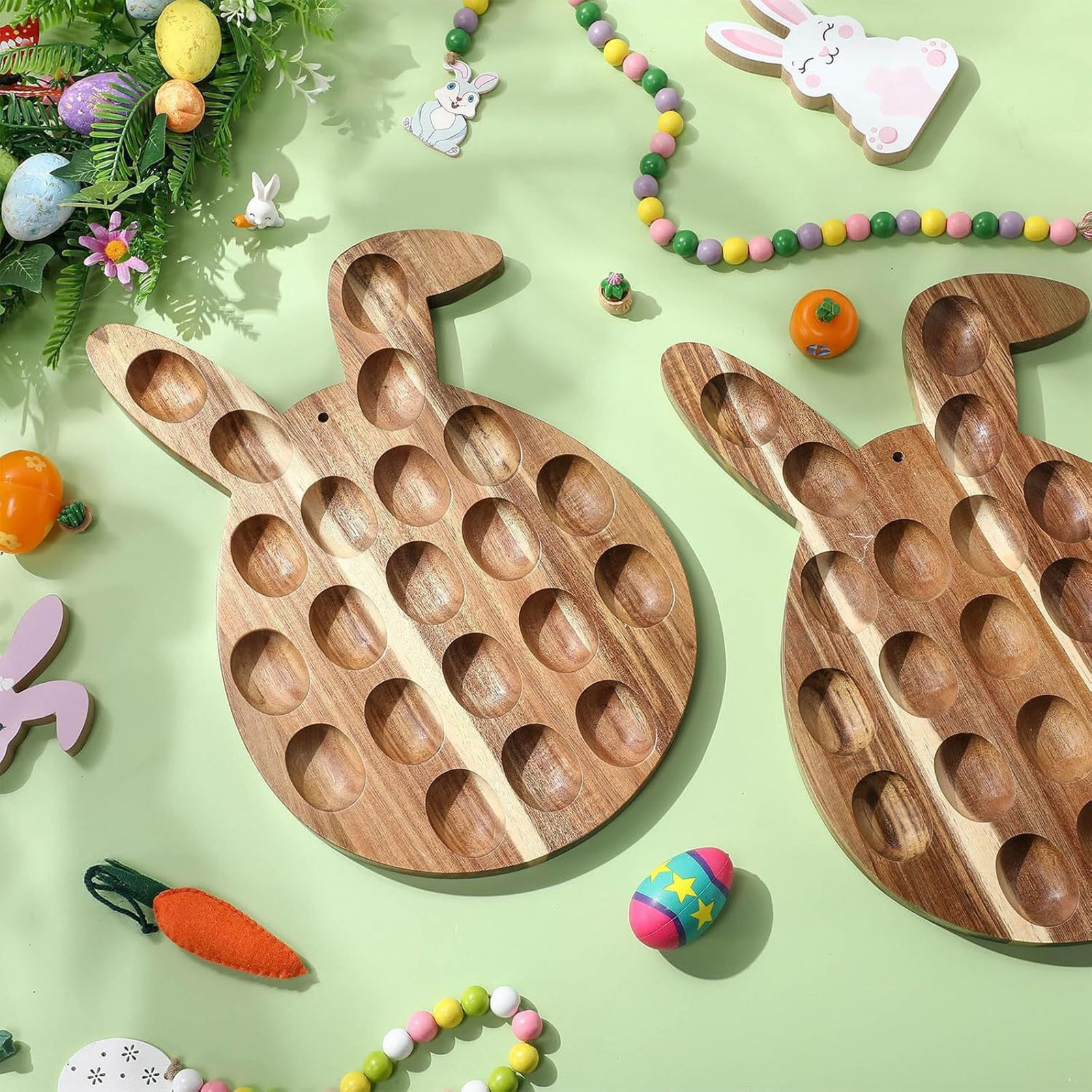 YIFAEUX Easter Deviled Egg Platter Bunny Shape Wooden Serving Tray 21 Holes Deviled Eggs Holder Serving Platter for Easter Party Spring Holiday
