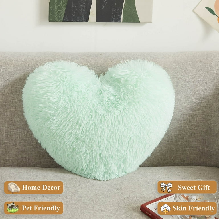 XeGe Soft Plush Shaggy Decorative Throw Pillow 15 x17 Double sided Faux Fur Heart Pillow Fluffy Heart Shaped Pillow with Insert Furry Accent Pillow Gift for Girls Women Lovers Friends Aqua Green Walma...