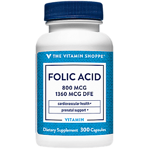 The Vitamin Shoppe Folic Acid 800MCG, Supports Prenatal  Fetal Development (300 Capsules)