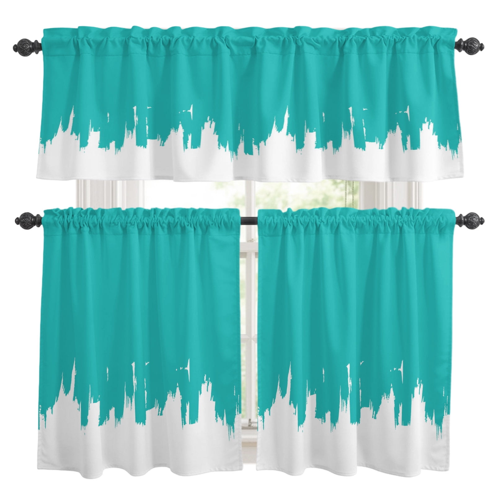 Teal Green Painting Kitchen Curtains and Valances Set Abstract Art Teal Painting 3 Piece Curtains Valances and Tiers Set Rod Pocket for Kitchen Bathroom Windows 36 Inch