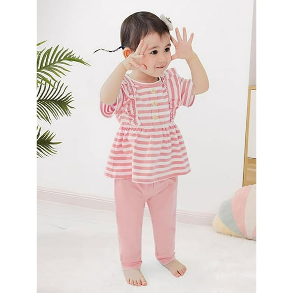 CARETOO Toddler Girl Casual Clothes Outfits Stripe Tops Pants Cotton Fabric 2pcs 2T 5T Girl Clothing