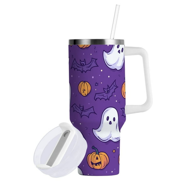 Yayeee 40oz Double-Wall Insulated Stainless Steel Tumbler with Handle Bottle, Halloween Purple Ghosts