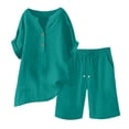 thumbnail image 5 of Womens Summer Outfits Cotton Linen Short Sleeve Button Down Shirt with Bermuda Shorts 2 Piece Lounge Set with Pockets Green S, 5 of 6
