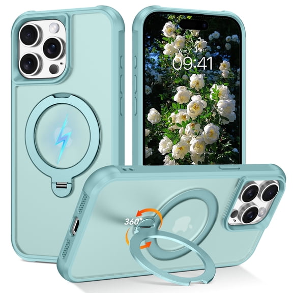 GUAGUA Magnetic Stand for iPhone 15 Pro Max, Translucent 360° Rotatable Anti-Scratch Phone Case With Stand for iPhone 15 Pro Max 6.7", Large Hole TC TPU Soft Blue