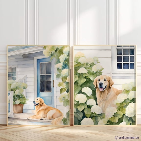UNFFRAMED Golden Retriever Hydrangea Set Of Two Posters, Front Porch Golden In New England, Coastal Cottage Decor For Dog Lover Set 2 Prints 8x12