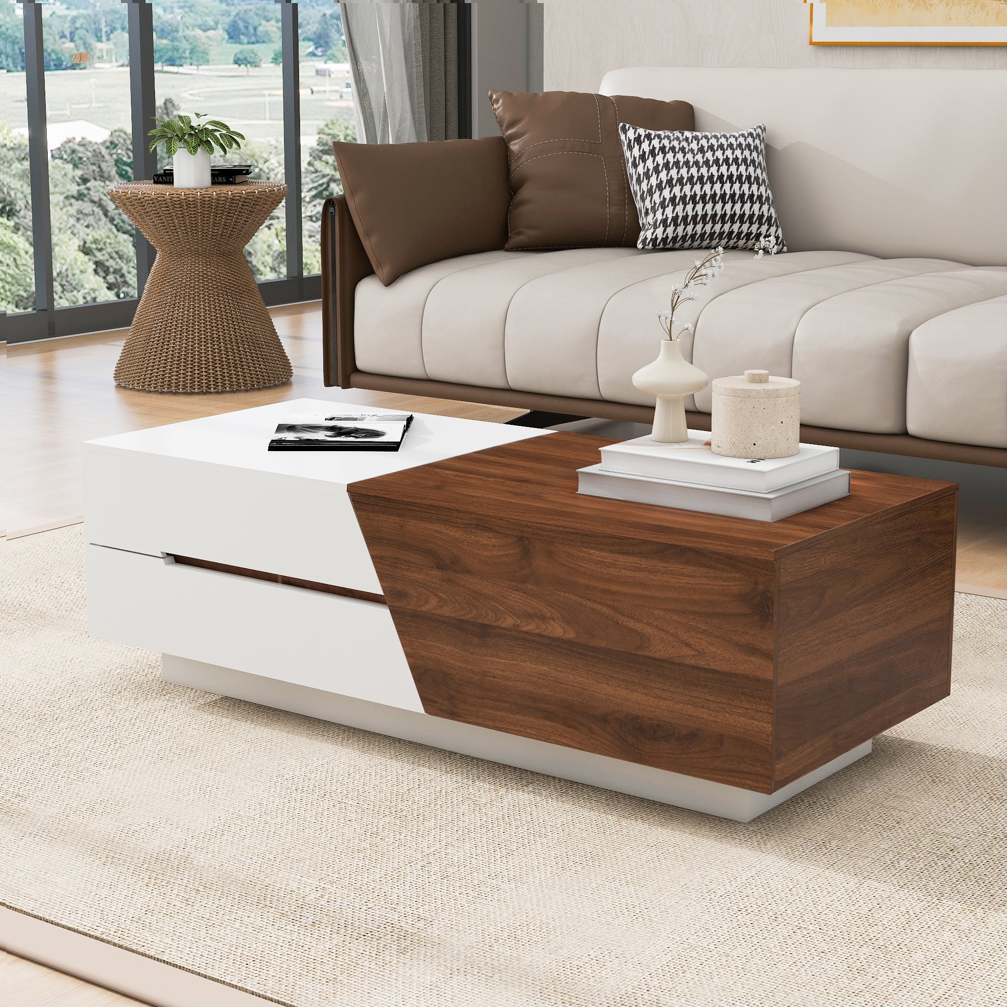 Euroco Modern Coffee Table with Extendable Sliding Top, Hidden Storage, Dual-Tone White and Walnut Finish, MDF Construction for Living Room