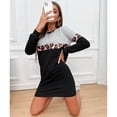 thumbnail image 3 of Vestido De Cuello Redondo, Color Sólido Estampado De Leopardo Costura Elástico Vestido De Manga Larga Para Mujer Casual Suelto Por Encima De La Rodilla Para Otoño Invierno, 3 of 7