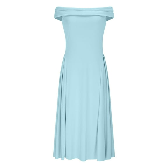 Efsteb Cocktail Dresses for Women Off Shoulder Pleated A Line Swing Midi Dress Elegant Formal Wedding Guest Evening Party Gown (Light Blue,M)