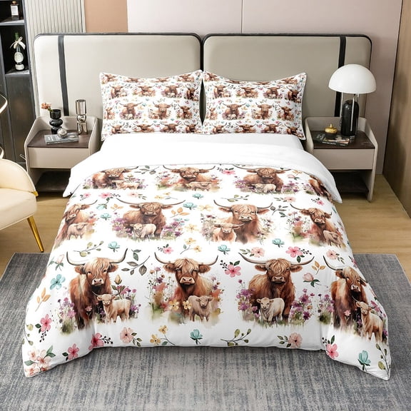 Erosebridal Highland Cow 100% Natural Cotton Duvet Cover Twin, Flowers Bedding Set, Kawaii Farmhouse Wild Animals Comforter Cover, Spring Botanical Floral Leaves Quilt Cover, Brown Yellow