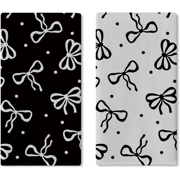 Black White Bow Kitchen Dish Towels Set of 2, Coquette Ribbon Preppy Drying Hand Towel Baking Cooking Cloth, Girly Polka Dots Bathroom Home Decoration 18'' x 26''