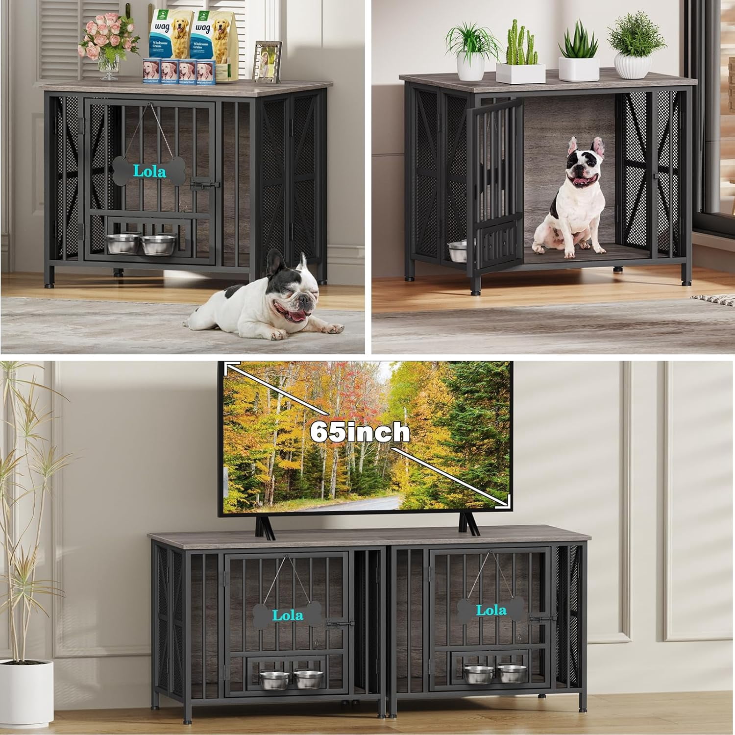 POAO 31.5"Assembly-Free Dog Crate Furniture for Small Dog, Foldable Dog Kennel Indoor with Tag &Adjustable Dog Bowls, Wooden Dog Cage,End Table