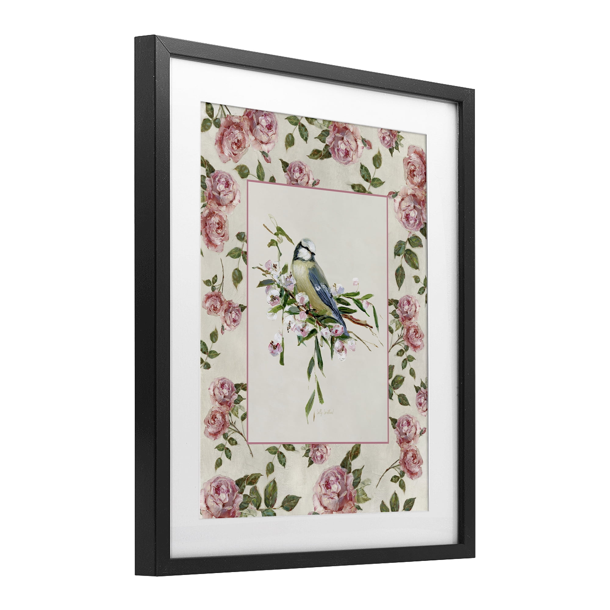 Stupell Industries Dainty Roses & Perched Bird Black Framed Print Under Glass, design by Sally Swatland