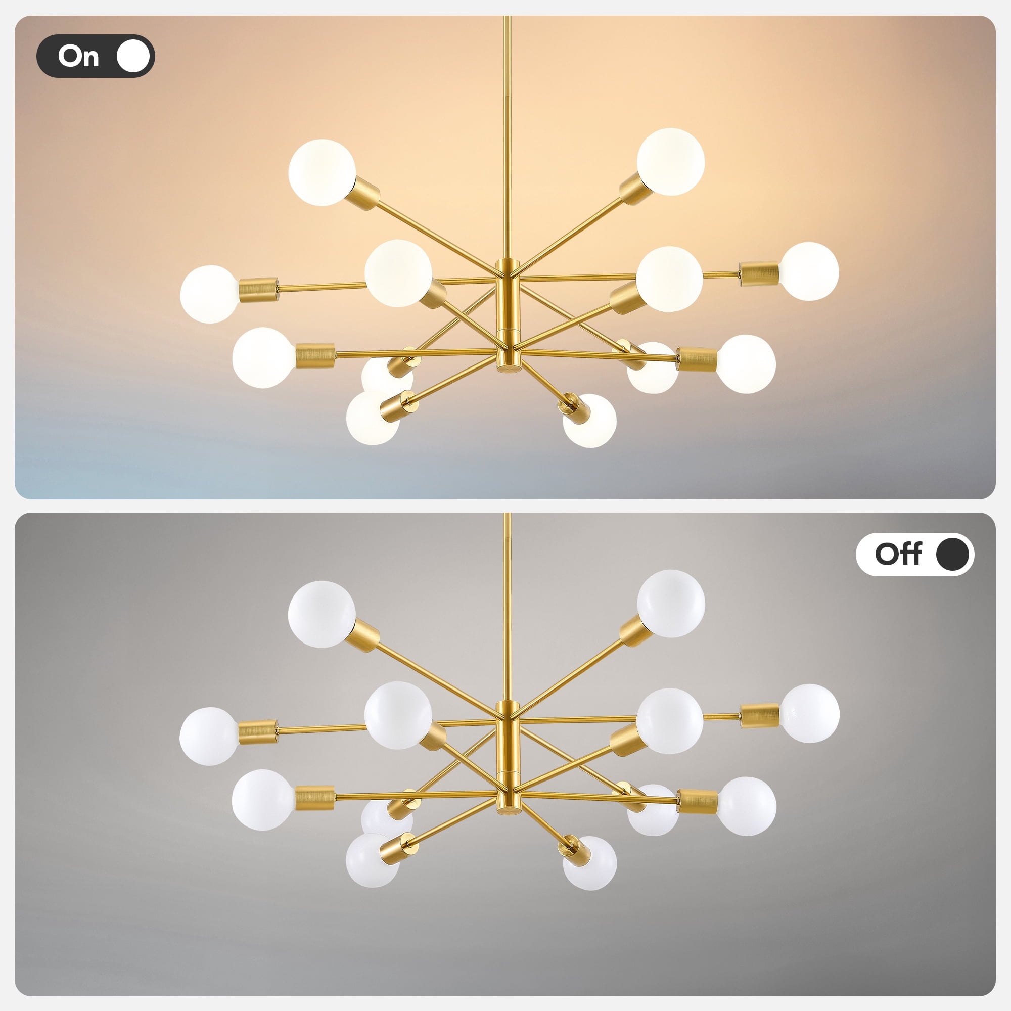 Bestco 12-Light Modern Sputnik Chandelier for Dining Room with 4 Extension Rods Gold