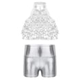 thumbnail image 3 of TSSOE Kids Girls 2-Piece Dance Outfits Sparkly Halter Sequins Crop Top with Metallic Shorts Set Activewear Silver 8, 3 of 7