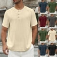 thumbnail image 2 of Gifts for Dad! BiZtdJrK Henley Shirt for Men Short Sleeve Linen Breathable T-Shirts Solid Casual Button Crew Neck Tees Business Tops Beige L, 2 of 9