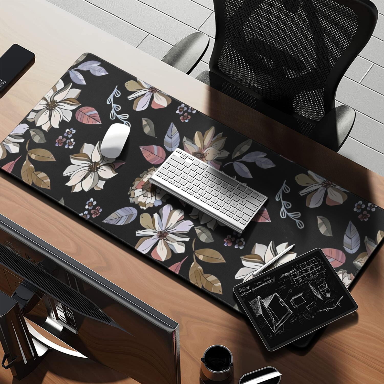 Long Mouse Pads for Desk,Pioneer Flower Floral Print Pattern Desk Mats on Top Of Desks, Desk Mouse Pad Extra Large with 3mm Non-Slip Base and Stitched Edge for Gaming,Office,Work,Home 35.4"x15.7"