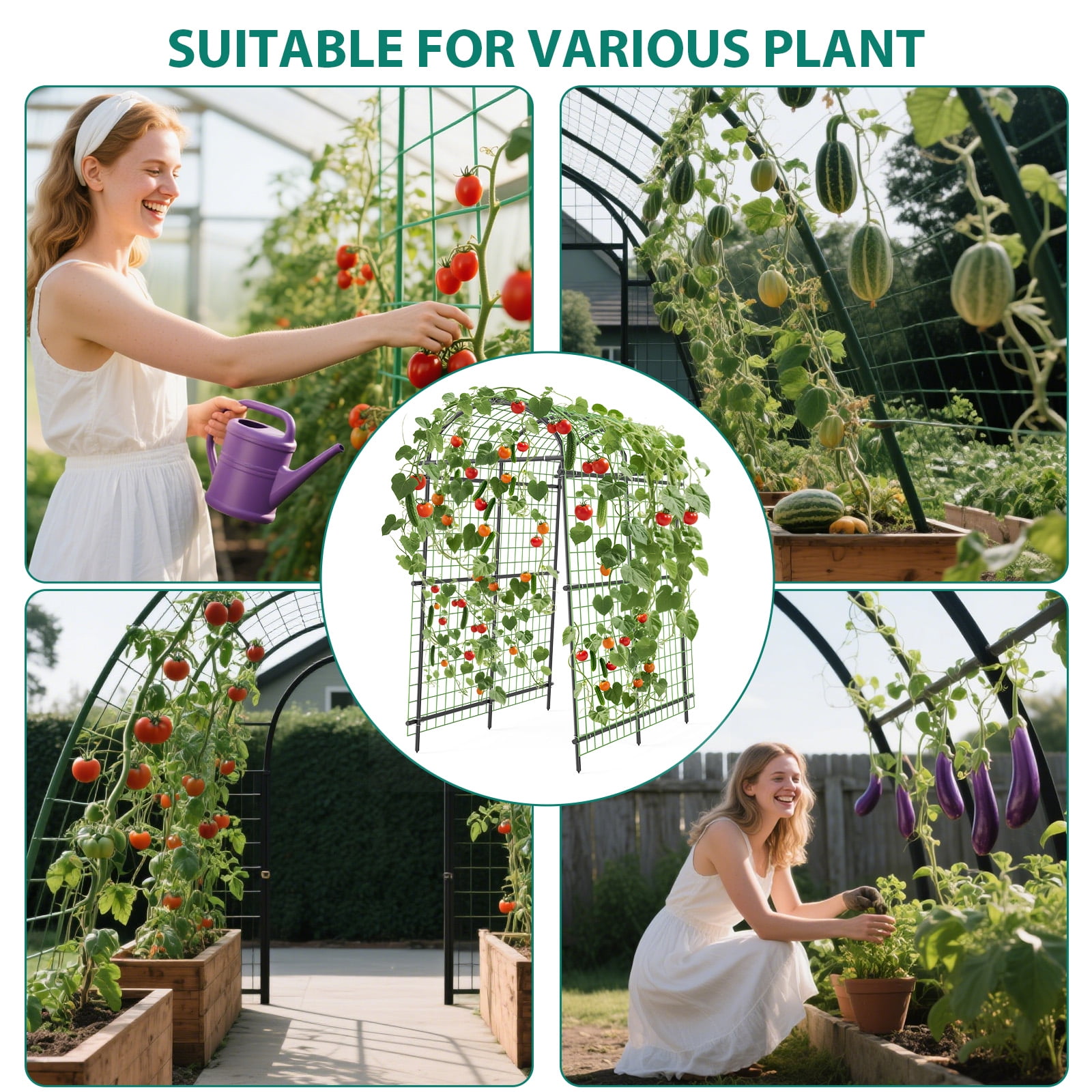 Gaderth Cucumber Trellis, Adjustable Garden Arch Trellis, Metal Arch Vegetables Trellis, 7.5FT Metal Arbor with Climbing Net, Weather-Resistant Pergola for Vines, Roses, Vegetables & Flowers, Sturdy